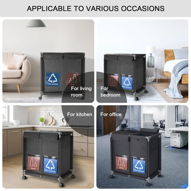 Alt view image 5 of 6 - 2 in 1 Garbage Recycle Sorting Basket,2 Cover Top Compartments with Wheels,2 Front Transparent Display Pockets 110L Large Capacity Perfect for Kitchen Office