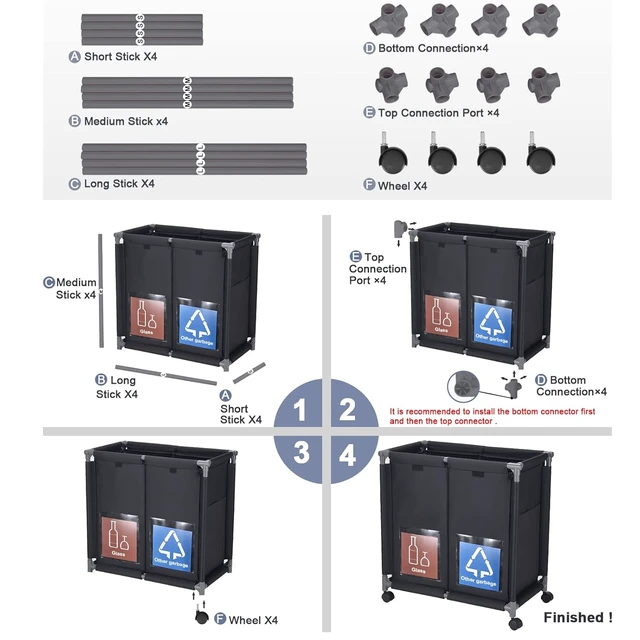Alt view image 4 of 6 - 2 in 1 Garbage Recycle Sorting Basket,2 Cover Top Compartments with Wheels,2 Front Transparent Display Pockets 110L Large Capacity Perfect for Kitchen Office