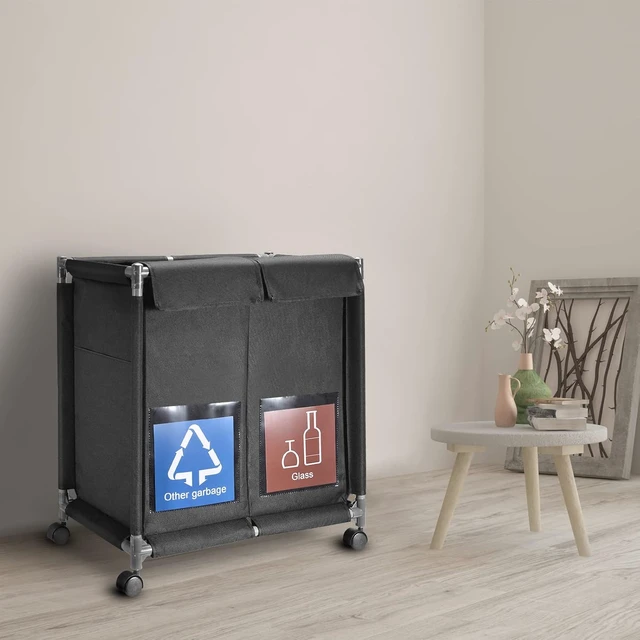 Alt view image 6 of 6 - 2 in 1 Garbage Recycle Sorting Basket,2 Cover Top Compartments with Wheels,2 Front Transparent Display Pockets 110L Large Capacity Perfect for Kitchen Office