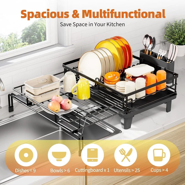 Alt view image 3 of 7 - Expandable Sink Dish Drying Rack for Kitchen Counter, 1-Tier Black