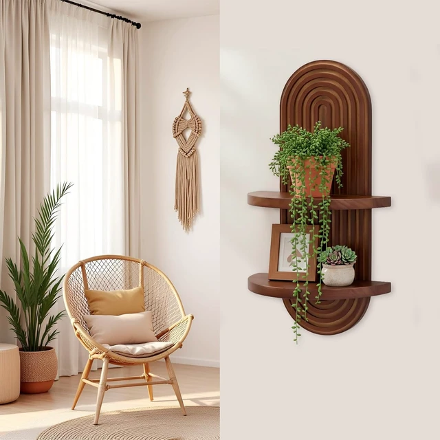 Alt view image 2 of 6 - Mordern Wall Shelf with Arched Mid Century Art Boho Decor Design Floating Shelves for Home Bedroom Living Room Farmhouse Display Wall Plant Holder Decoration, 22 x 11.8 Inch, Walnut