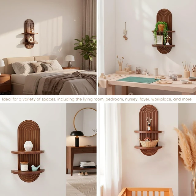 Alt view image 6 of 6 - Mordern Wall Shelf with Arched Mid Century Art Boho Decor Design Floating Shelves for Home Bedroom Living Room Farmhouse Display Wall Plant Holder Decoration, 22 x 11.8 Inch, Walnut