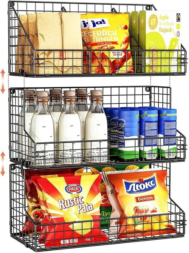 Main image of 3 Tier Large Stackable Snack Organizer - Versatile Wall Mounted Wire Storage Basket with Divider for Candy Chip Cans Bars - Ideal for Pantry Office Home