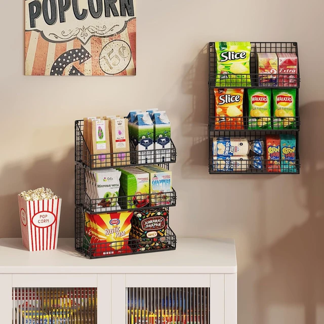 Alt view image 3 of 7 - 3 Tier Large Stackable Snack Organizer - Versatile Wall Mounted Wire Storage Basket with Divider for Candy Chip Cans Bars - Ideal for Pantry Office Home