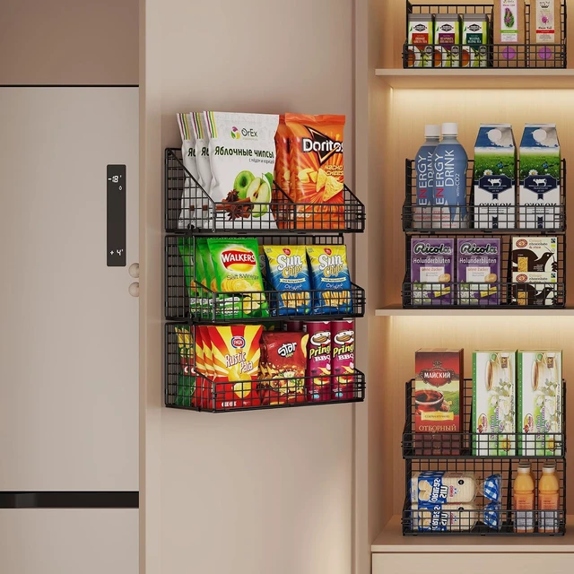 Alt view image 4 of 7 - 3 Tier Large Stackable Snack Organizer - Versatile Wall Mounted Wire Storage Basket with Divider for Candy Chip Cans Bars - Ideal for Pantry Office Home