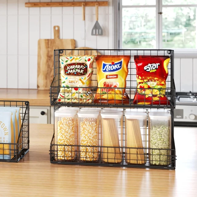 Alt view image 5 of 7 - 3 Tier Large Stackable Snack Organizer - Versatile Wall Mounted Wire Storage Basket with Divider for Candy Chip Cans Bars - Ideal for Pantry Office Home