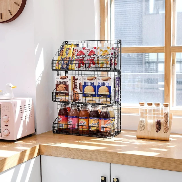 Alt view image 6 of 7 - 3 Tier Large Stackable Snack Organizer - Versatile Wall Mounted Wire Storage Basket with Divider for Candy Chip Cans Bars - Ideal for Pantry Office Home