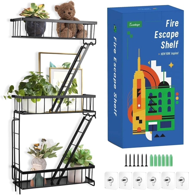Main image of Fire Escape Wall Shelf - New York Decorative Ladder Shelf, Wall Art Floating Shelf Black Metal Shelves for Bedroom, Home Office Storage and Display (3-Tier)