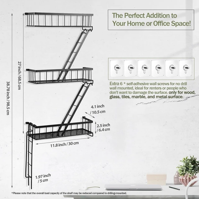 Alt view image 2 of 7 - Fire Escape Wall Shelf - New York Decorative Ladder Shelf, Wall Art Floating Shelf Black Metal Shelves for Bedroom, Home Office Storage and Display (3-Tier)