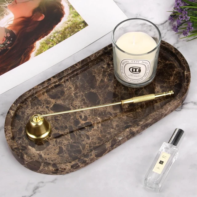 Alt view image 7 of 7 - Oval Marble Bathroom Vanity Tray, Dark Brown, 12" x 6" x 0.8"