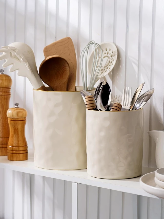 Alt view image 2 of 7 - Ceramic Utensil Holder, 7.2"+5.8", Set of 2, Vanilla White