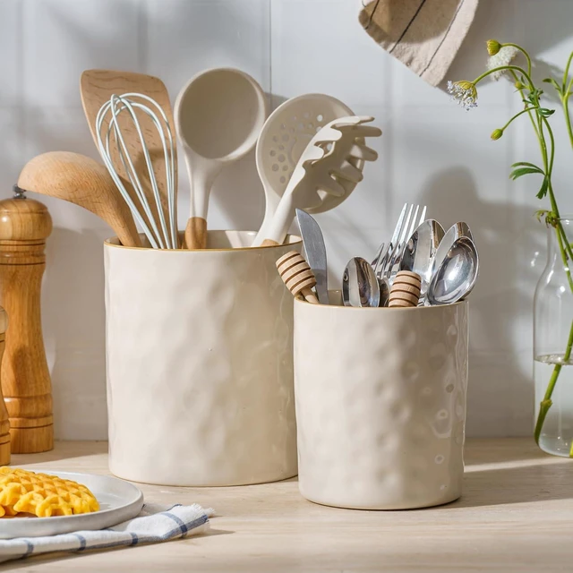 Main image of Ceramic Utensil Holder, 7.2"+5.8", Set of 2, Vanilla White