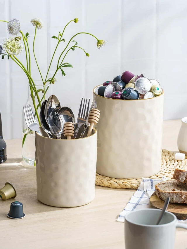 Alt view image 3 of 7 - Ceramic Utensil Holder, 7.2"+5.8", Set of 2, Vanilla White