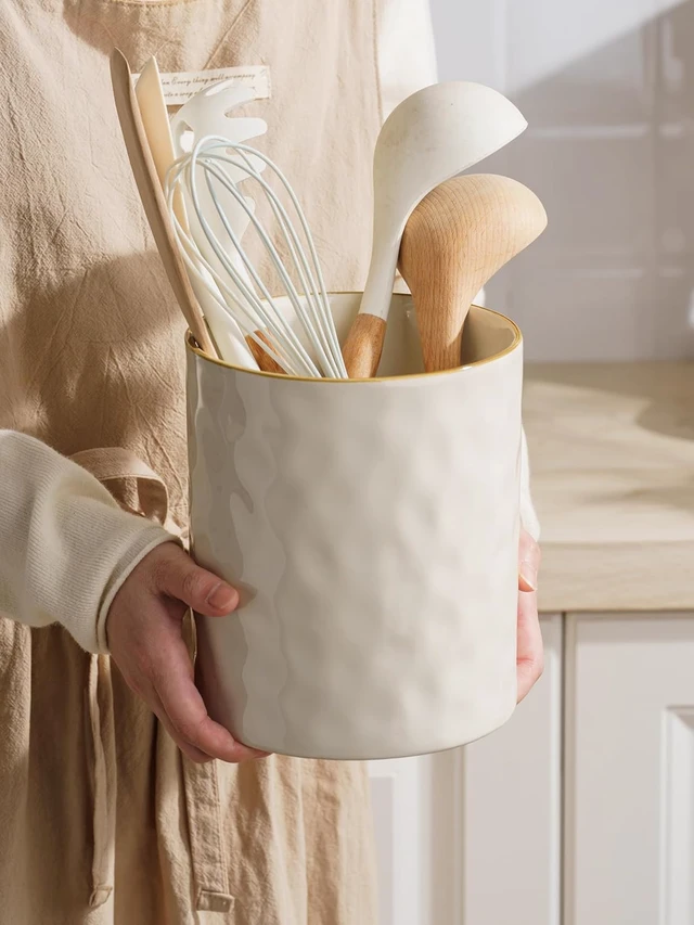Alt view image 4 of 7 - Ceramic Utensil Holder, 7.2"+5.8", Set of 2, Vanilla White