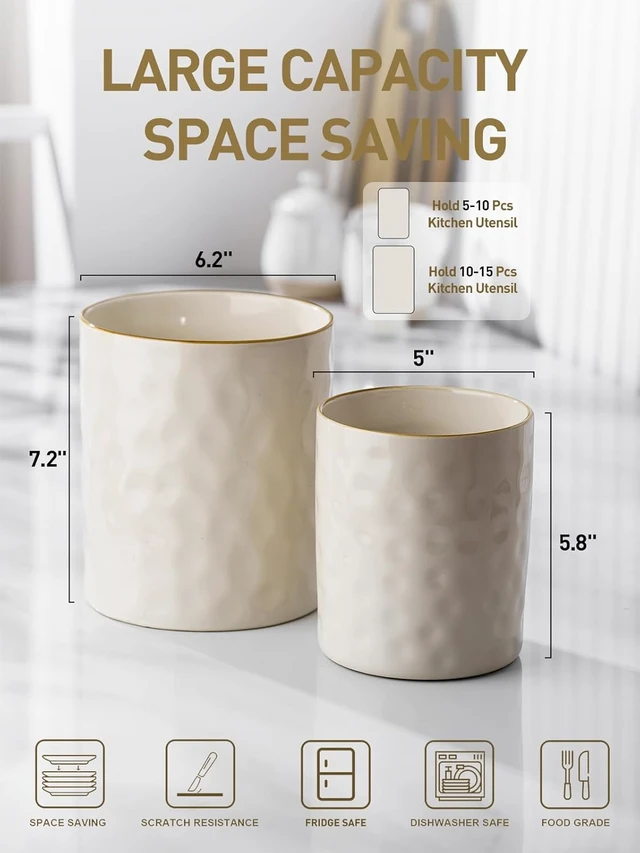 Alt view image 5 of 7 - Ceramic Utensil Holder, 7.2"+5.8", Set of 2, Vanilla White