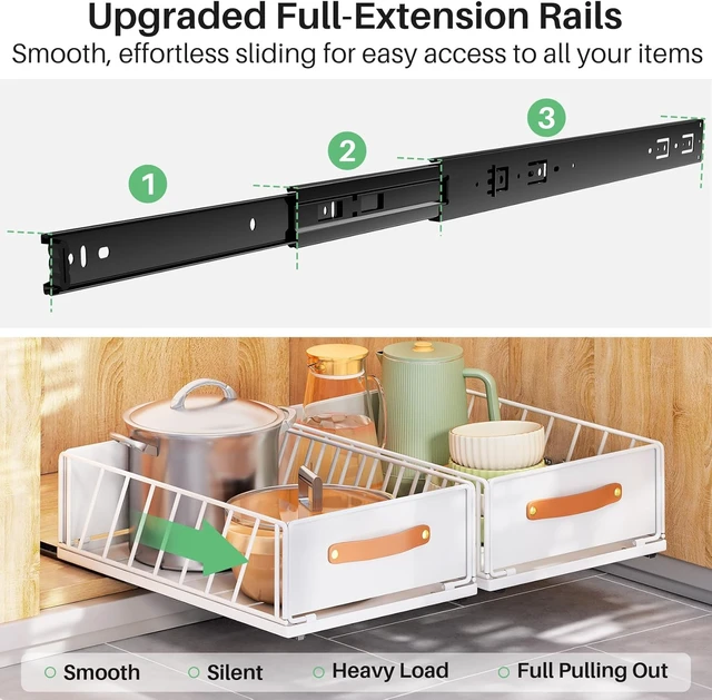 Alt view image 3 of 7 - Pull out Cabinet Organizer,Heavy Duty Slide out Pantry Shelves Drawer Storage with Adhesive Nano Film,Sliding Mesh Cabinet Basket with Handle for Kitchen, Bathroom, Home, 11.8W" X 15.7"D X 6.2"H,White