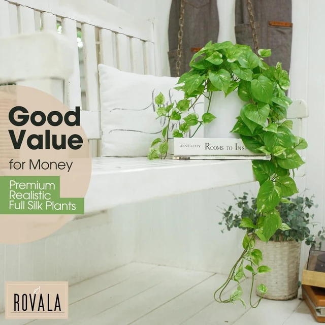 Alt view image 5 of 7 - ROVALA Silk Plants for Home Decor Indoor in Pot Realistic Artificial Plants Fake Hanging Plants Faux Plants Indoor Fake Potted Plants Fake Plants for Shelves Bathroom Plants, Fake Pothos (Light Green)