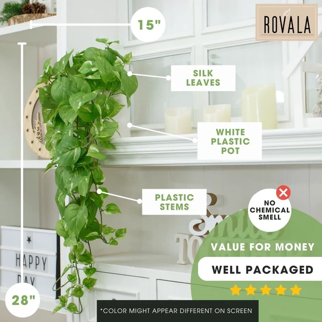 Alt view image 7 of 7 - ROVALA Silk Plants for Home Decor Indoor in Pot Realistic Artificial Plants Fake Hanging Plants Faux Plants Indoor Fake Potted Plants Fake Plants for Shelves Bathroom Plants, Fake Pothos (Light Green)