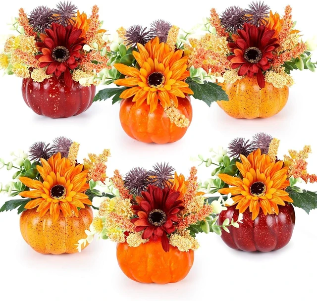 Main image of Set of 6 Mini Fall Pumpkin with Artificial Flower Decorations Thanksgiving Sunflower Centerpieces for Tables Harvest Fall Table Floral Decor Autumn Fireplace Mantle Living Room Home Kitchen Party