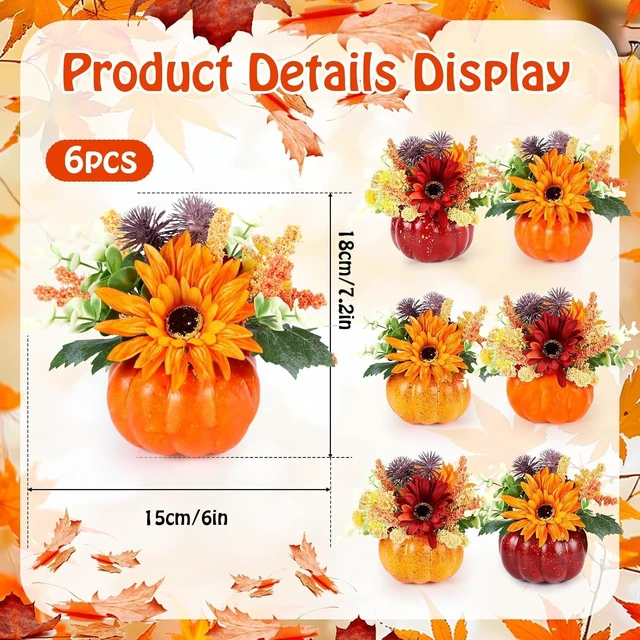 Alt view image 2 of 7 - Set of 6 Mini Fall Pumpkin with Artificial Flower Decorations Thanksgiving Sunflower Centerpieces for Tables Harvest Fall Table Floral Decor Autumn Fireplace Mantle Living Room Home Kitchen Party