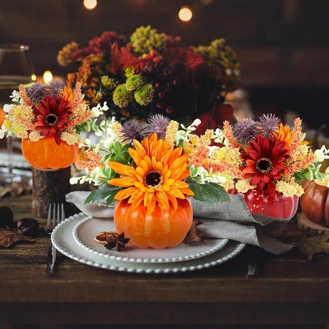 Alt view image 3 of 7 - Set of 6 Mini Fall Pumpkin with Artificial Flower Decorations Thanksgiving Sunflower Centerpieces for Tables Harvest Fall Table Floral Decor Autumn Fireplace Mantle Living Room Home Kitchen Party