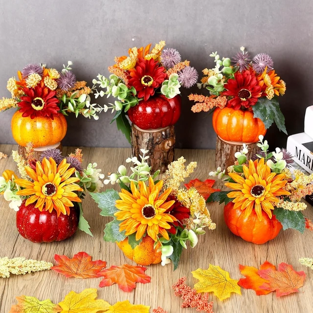 Alt view image 4 of 7 - Set of 6 Mini Fall Pumpkin with Artificial Flower Decorations Thanksgiving Sunflower Centerpieces for Tables Harvest Fall Table Floral Decor Autumn Fireplace Mantle Living Room Home Kitchen Party