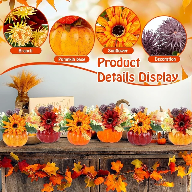 Alt view image 5 of 7 - Set of 6 Mini Fall Pumpkin with Artificial Flower Decorations Thanksgiving Sunflower Centerpieces for Tables Harvest Fall Table Floral Decor Autumn Fireplace Mantle Living Room Home Kitchen Party