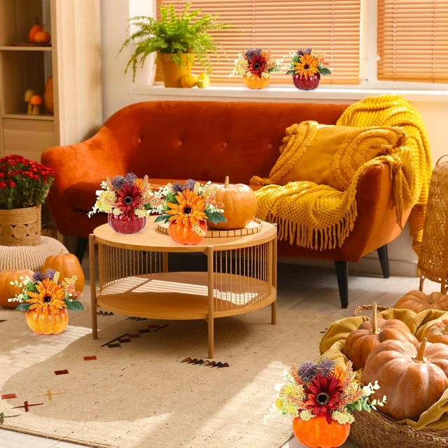 Alt view image 6 of 7 - Set of 6 Mini Fall Pumpkin with Artificial Flower Decorations Thanksgiving Sunflower Centerpieces for Tables Harvest Fall Table Floral Decor Autumn Fireplace Mantle Living Room Home Kitchen Party