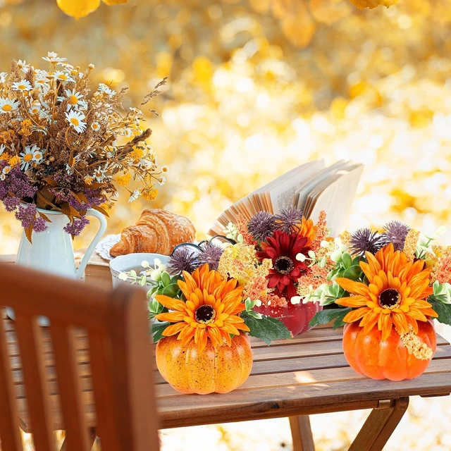 Alt view image 7 of 7 - Set of 6 Mini Fall Pumpkin with Artificial Flower Decorations Thanksgiving Sunflower Centerpieces for Tables Harvest Fall Table Floral Decor Autumn Fireplace Mantle Living Room Home Kitchen Party