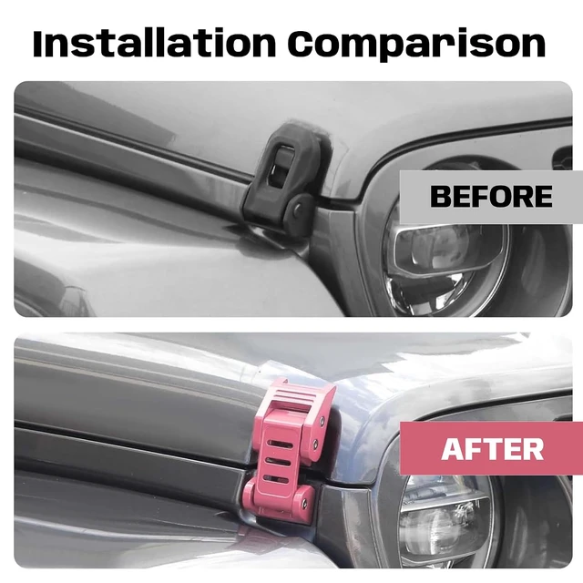 Alt view image 2 of 7 - Hood Latches, 3 Hole Hood Lock Catch Kit with Hardware Aluminum Alloy for 2007-2018 Jeep Wrangler JK JKU, 2018-2024 JL JLU & Jeep Gladiator Anti-Rattle Secure Hold Off Road Pink