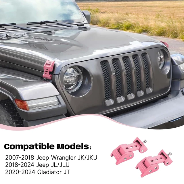 Alt view image 3 of 7 - Hood Latches, 3 Hole Hood Lock Catch Kit with Hardware Aluminum Alloy for 2007-2018 Jeep Wrangler JK JKU, 2018-2024 JL JLU & Jeep Gladiator Anti-Rattle Secure Hold Off Road Pink