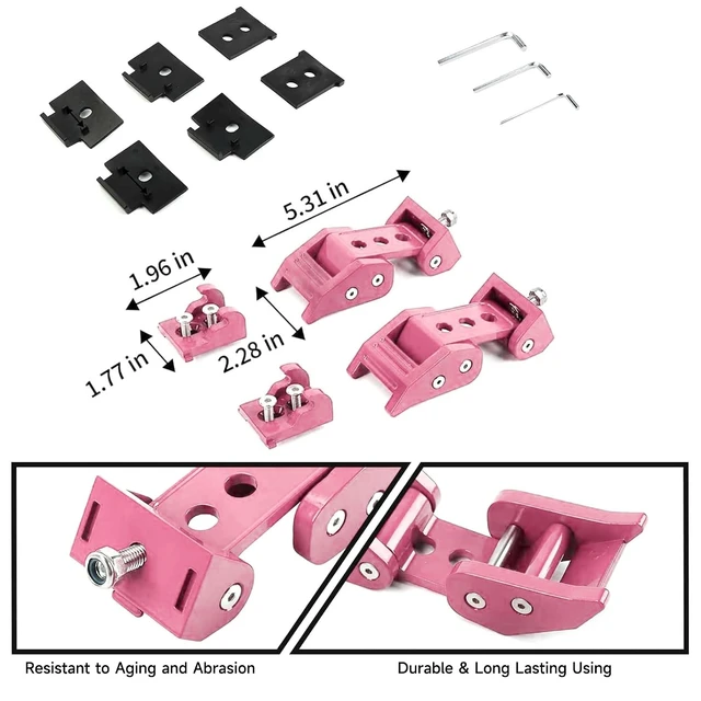 Alt view image 6 of 7 - Hood Latches, 3 Hole Hood Lock Catch Kit with Hardware Aluminum Alloy for 2007-2018 Jeep Wrangler JK JKU, 2018-2024 JL JLU & Jeep Gladiator Anti-Rattle Secure Hold Off Road Pink