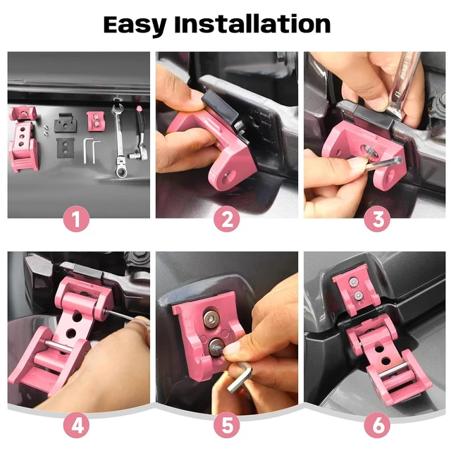 Alt view image 7 of 7 - Hood Latches, 3 Hole Hood Lock Catch Kit with Hardware Aluminum Alloy for 2007-2018 Jeep Wrangler JK JKU, 2018-2024 JL JLU & Jeep Gladiator Anti-Rattle Secure Hold Off Road Pink