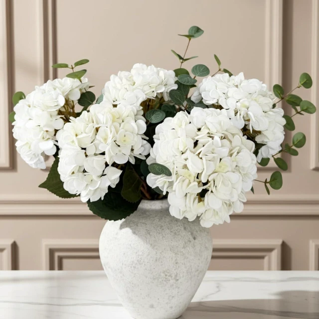 Main image of Real Touch White Faux Hydrangea And Eucalyptus, Floral Arrangement For Vase
