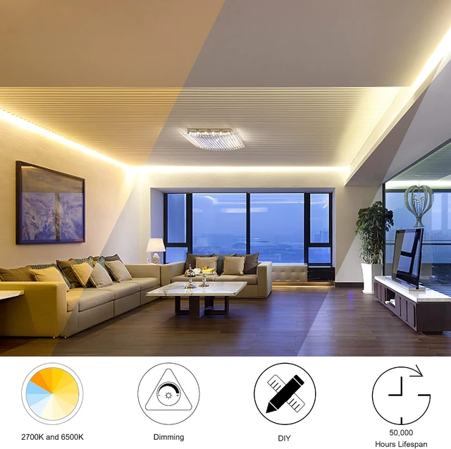 Alt view image 4 of 7 - CCT COB LED Strip Lights Tunable White, 16.4ft Dimmable 2700K-6500K 24V Tunable White LED Strip Lights Set, High Density led Strips CRI 90+ UL-Listed Power Supply,for Bedroom Kitchen Home DIY Lighting