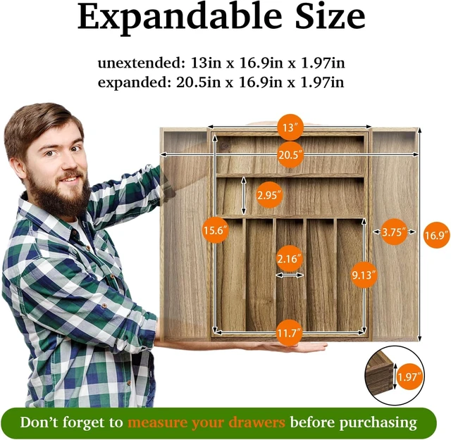 Alt view image 2 of 7 - Acacia Wood Kitchen Silverware Drawer Organizer, Expandable Utensil Cutlery Drawer Organizer with Dividers, Flatware Organizer Silverware Tray for Spoon, Fork, 13''-20''x16.9'' (7-9 Slots)