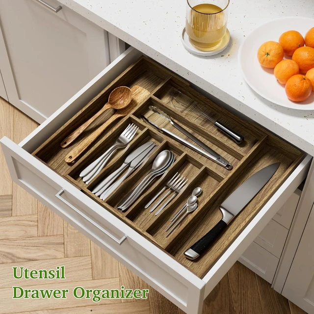 Alt view image 3 of 7 - Acacia Wood Kitchen Silverware Drawer Organizer, Expandable Utensil Cutlery Drawer Organizer with Dividers, Flatware Organizer Silverware Tray for Spoon, Fork, 13''-20''x16.9'' (7-9 Slots)