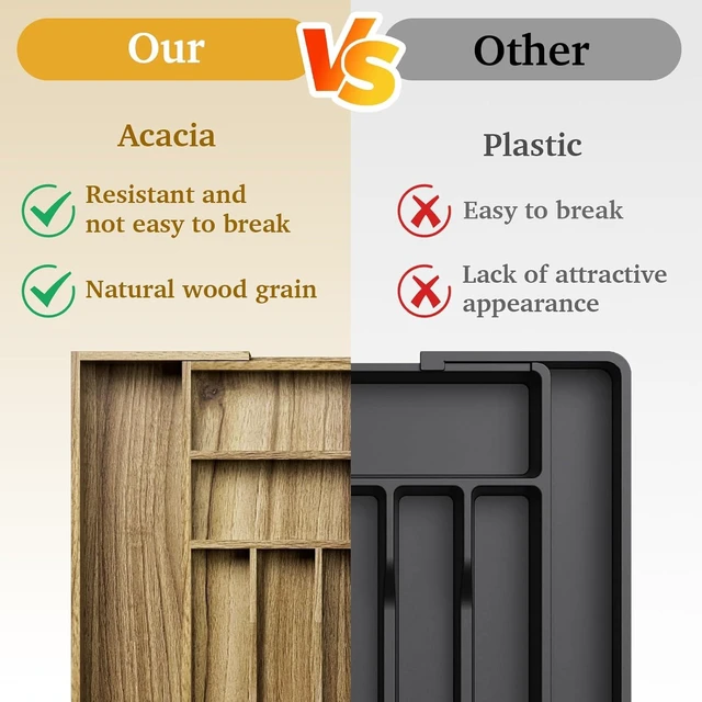 Alt view image 6 of 7 - Acacia Wood Kitchen Silverware Drawer Organizer, Expandable Utensil Cutlery Drawer Organizer with Dividers, Flatware Organizer Silverware Tray for Spoon, Fork, 13''-20''x16.9'' (7-9 Slots)