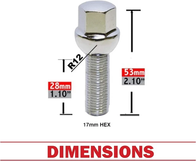 Alt view image 2 of 6 - 20 Pcs M12 x 1.5 12 x 1.5 Thread Ball Seat Lug Bolt Chrome Finish 28mm Shank Length 17mm Hex fits Many Mercedes Benz Pass Cars 1972-1985