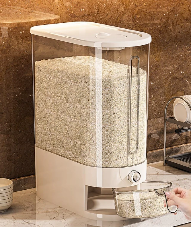 Alt view image 5 of 5 - Large Rice Dispenser 25Lbs, Cereal Dispenser Rice Container Food Storage Container with Measuring Cup, Cereal Containers Storage Kitchen Storage Household Rice Pet Food Holder (25LBS)