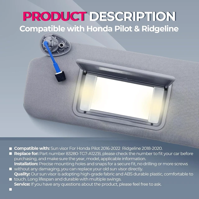 Alt view image 5 of 7 - Left Driver Side Sun Visor with Light Fits for Honda Pilot 2016-2022 Honda Ridgeline 2018-2020 Sun Shade # 83280-TG7-A12ZB 83230-TG7-A12ZB (Gray) (Gray(Left Driver Side))