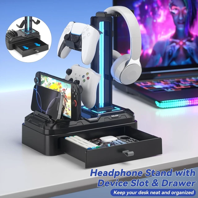 Alt view image 2 of 7 - Headphone Stand with USB A&C Charger Ports - RGB Controller Stand with Detachable Hooks - Rotatable Headset Hanger & Device Slot for Phones/Tablets - Drawer Storage Base for Gaming Desk Organizer