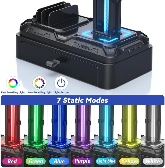 Alt view image 3 of 7 - Headphone Stand with USB A&C Charger Ports - RGB Controller Stand with Detachable Hooks - Rotatable Headset Hanger & Device Slot for Phones/Tablets - Drawer Storage Base for Gaming Desk Organizer