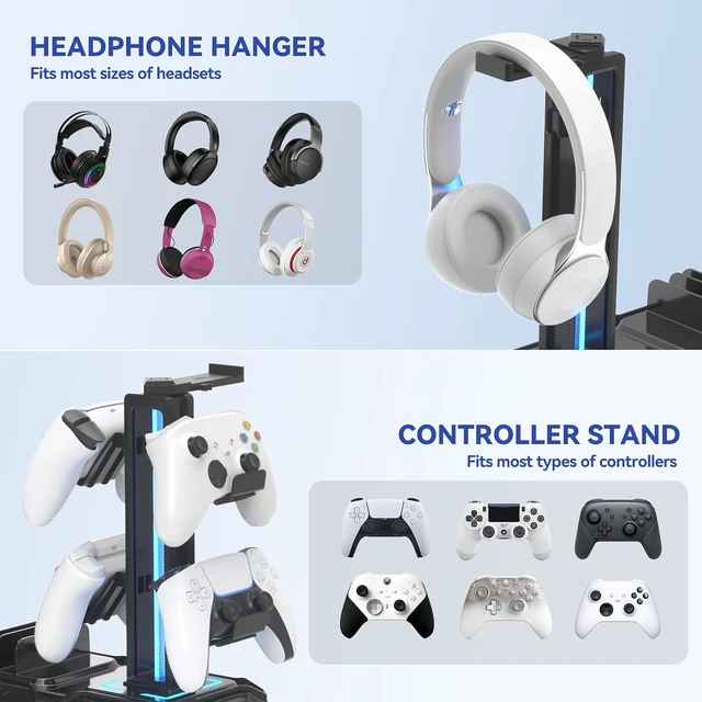 Alt view image 5 of 7 - Headphone Stand with USB A&C Charger Ports - RGB Controller Stand with Detachable Hooks - Rotatable Headset Hanger & Device Slot for Phones/Tablets - Drawer Storage Base for Gaming Desk Organizer