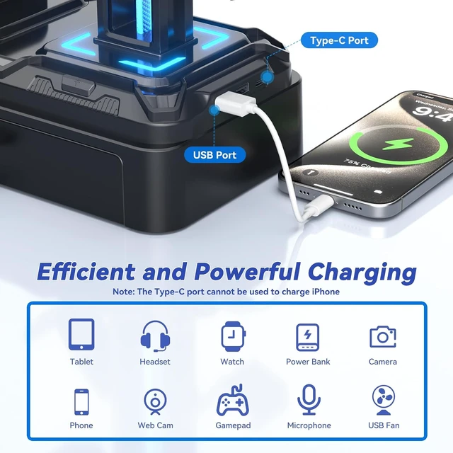 Alt view image 4 of 7 - Headphone Stand with USB A&C Charger Ports - RGB Controller Stand with Detachable Hooks - Rotatable Headset Hanger & Device Slot for Phones/Tablets - Drawer Storage Base for Gaming Desk Organizer