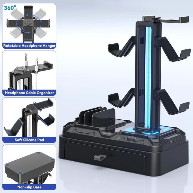 Alt view image 6 of 7 - Headphone Stand with USB A&C Charger Ports - RGB Controller Stand with Detachable Hooks - Rotatable Headset Hanger & Device Slot for Phones/Tablets - Drawer Storage Base for Gaming Desk Organizer