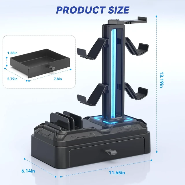 Alt view image 7 of 7 - Headphone Stand with USB A&C Charger Ports - RGB Controller Stand with Detachable Hooks - Rotatable Headset Hanger & Device Slot for Phones/Tablets - Drawer Storage Base for Gaming Desk Organizer