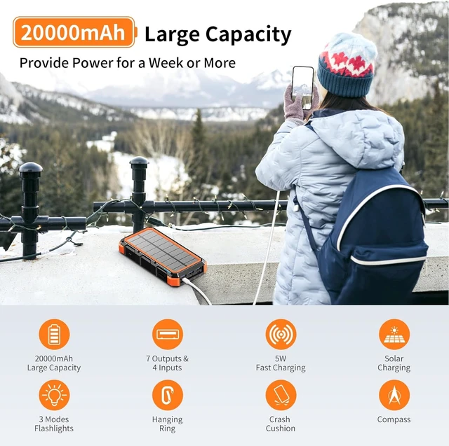 Alt view image 5 of 7 - Solar Charger Power Bank 20000mAh Wireless Charger QC 3.0 Fast Charging Power Bank 8 Outputs 4 Inputs Solar Portable Charger Compatible with All Mobile Devices,SOS/Strobe/Strong Flashlights (orange)