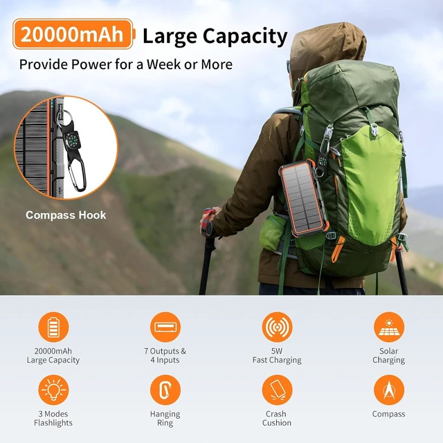 Alt view image 7 of 7 - Solar Charger Power Bank 20000mAh Wireless Charger QC 3.0 Fast Charging Power Bank 8 Outputs 4 Inputs Solar Portable Charger Compatible with All Mobile Devices,SOS/Strobe/Strong Flashlights (orange)