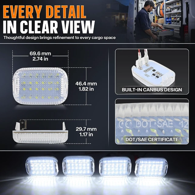 Alt view image 2 of 6 - 4PC LED Interior Cargo Light with Extension Wire for 2014-2024 Ford Transit